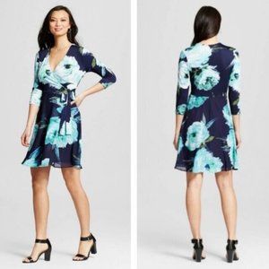 DRESS 14 Blue Turquoise 3/4 Sleeve Faux Wrap CHIFFON skirt BEIGE by ECI